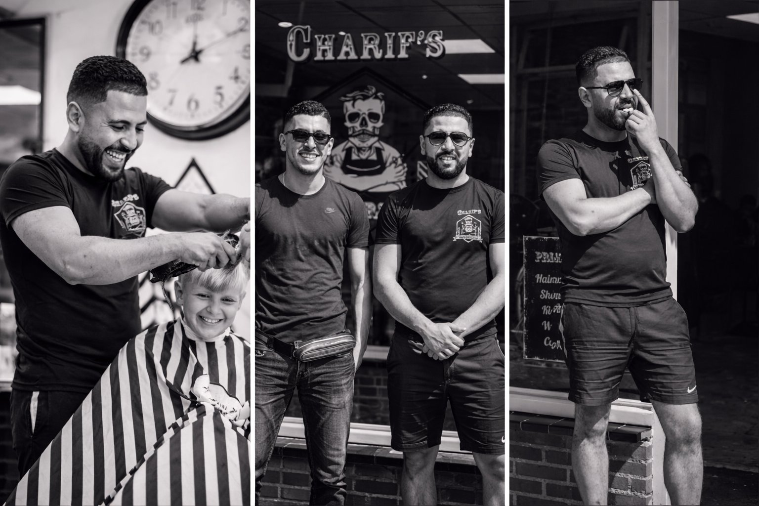Three black and white photos of men at a barbershop: one man shaving a customer, three men posing together, and one man in casual stance